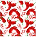 Seamless pattern with painting red hot chili pepper and lettering on white