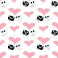 Seamless pattern with pair of cats in love look at a big heart. vector. Royalty Free Stock Photo
