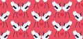 Seamless pattern with pair of red crowned cranes and heart. Repeating red background with dancing East Asian birds