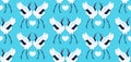 Seamless pattern with pair of red crowned cranes and heart. Repeating blue background with dancing East Asian birds