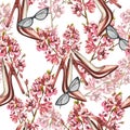Seamless pattern pair of shoes with high heels, sunglasses, flowers isolated on white. Watercolor hand draw illustration