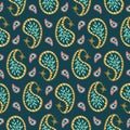 Seamless pattern with paisley motifs. Teal boho background Royalty Free Stock Photo
