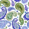 Seamless pattern from paisley, watercolor drawing. Oriental ethnic ornament of buta