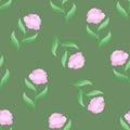 Seamless pattern with pale pink peony flowers on a green background