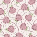 Seamless pattern with pale pink roses, pearls