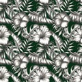 Seamless pattern of palm and banana leaves with tropical flowers. Tropical design in pencil