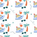 Seamless travel pattern with palm, cruise ship, sunglasses Royalty Free Stock Photo