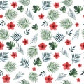 Seamless pattern with palm leaves, monstera leaves and red hibiscus flowers on a white background . Watercolor illustration. Royalty Free Stock Photo