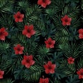 Seamless pattern with palm leaves, monstera leaves and red hibiscus flowers on a black background . Watercolor illustration. Royalty Free Stock Photo