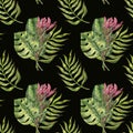 Seamless pattern - palm leaves and protea on black Royalty Free Stock Photo