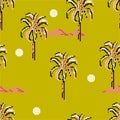 Seamless pattern Palm trees and island mountain pixle in vector illustration. Design for fashion , fabric, web ,wallpaper,