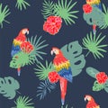 Seamless pattern with palm trees leaves and Blue and Red Blue Macaw parrots. Textile Wrapping paper background Royalty Free Stock Photo