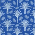 Seamless pattern with palm trees trees and leaves. Toile de Jouy retro engraving style