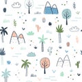 Seamless pattern with palm trees and mountains