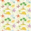 Seamless pattern, palm trees and sea animals