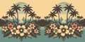 Seamless pattern with palm trees, sunset and hibiscus flowers, tropical summer background design, generative ai Royalty Free Stock Photo