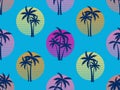 Seamless pattern with palm trees at sunset 80s retro style. Summer time, futuristic sun with palm trees in synthwave style. Design Royalty Free Stock Photo