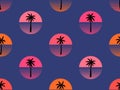 Seamless pattern with palm trees at sunset 80s retro style. Summer time, futuristic sun with palm trees in synthwave style. Design Royalty Free Stock Photo