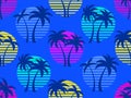 Seamless pattern with palm trees at sunset 80s retro style. Summer time, futuristic sun with palm trees in synthwave style. Design Royalty Free Stock Photo