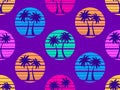 Seamless pattern with palm trees at sunset 80s retro style. Summer time, futuristic sun with palm trees in synthwave style. Design Royalty Free Stock Photo