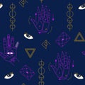 Seamless pattern with palmistry.Hand with lines of energy for personal horoscope.Jyotisha or Hindu astrology poster.