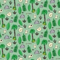 Seamless pattern with palms, leafs, sculls and rocks