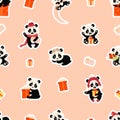 Seamless pattern with panda characters. Cute panda in winter hat with gifts, on moon and with bouquet of tulips on pink Royalty Free Stock Photo