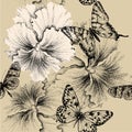 Seamless pattern with pansies and butterflies. Vec