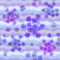 Seamless pattern with pansies and polka dot on blue waves ornament. Beautiful print for fabric