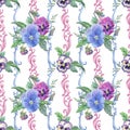 Seamless pattern of pansies. Watercolor Vintage background with pansies.