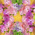 Seamless pattern. Pansy flowers, violets - buds and leaves on a watercolor background. Collage of flowers and leaves.