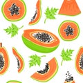 Seamless pattern with papaya fruits, papaya slices and leaves. Healthy eating. Royalty Free Stock Photo