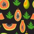 Seamless pattern with papaya fruits, papaya slices and leaves. Healthy eating. Royalty Free Stock Photo