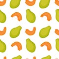 Seamless pattern with papaya, whole fruits and slices, vector illustration