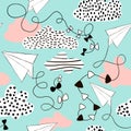 Seamless pattern paper airplanes and clouds. Hand drawn creative childish background.Vector Illustration