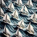 Seamless pattern of paper boats in the sea. 3d illustration