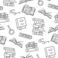 Seamless pattern with paper books. Home library, book stacks, glasses in doodle style. Hand drawn vector illustration