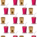 Seamless pattern of paper cups with drink and coffee on a white background. Vector image