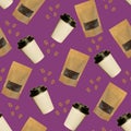 Seamless pattern of paper cups and pouch bags with coffee beans isolated on a violet background Royalty Free Stock Photo