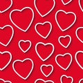 Seamless pattern of the paper hearts on red paper, templates for cards on Valentine`s Day