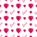 Seamless pattern of paper hearts and text.Papercut. February 14. Love