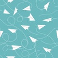 White airplanes on pattern layout. Seamless mockup of with paper planes aircraft on blue background Royalty Free Stock Photo