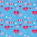 Seamless pattern with parachute, balloon, angel, heart, bird, ar