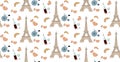 Seamless pattern with paris elements, eiffel tower bottle of wine heart and bicycle