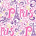 Seamless pattern Paris. Modern hand drawing pink color surface design for girls. Vector illustration doodle ink Eiffel Royalty Free Stock Photo