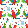 Seamless pattern parrot bird cell vector illustration wild animal characters cute fauna tropical feather pets background