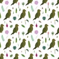 Seamless pattern with parrots kea, tropical leaves and flowers.