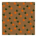 Seamless pattern with parts and whole fruits of orange Mandarin with green leaves on a beige-brown background.