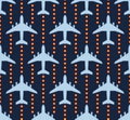 Seamless pattern with passenger airplanes over runway lights Royalty Free Stock Photo