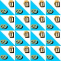 Oktoberfest pasta seamless pattern.Beer mug,German pretzel,on square,triangles backdrop of blue white as Bavaria flag Royalty Free Stock Photo